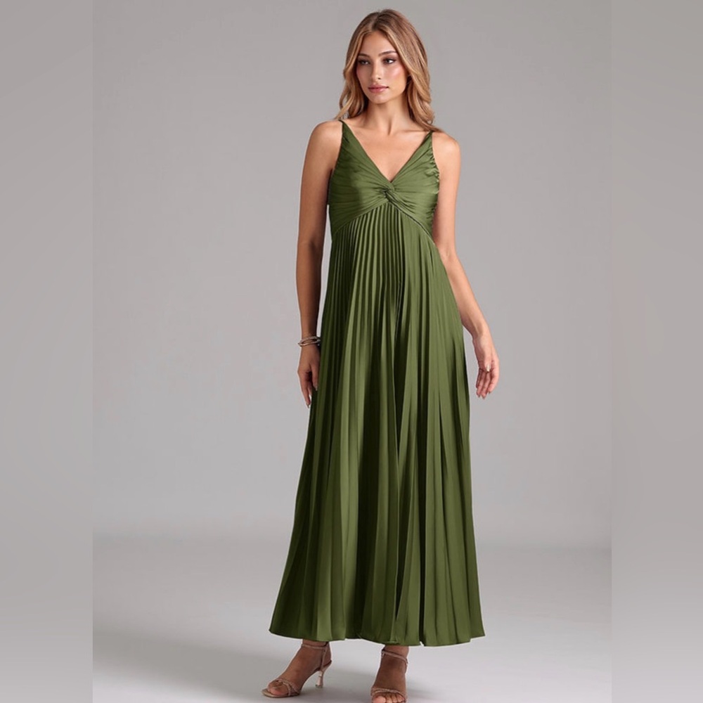 Azazie Raychelle Pleated A-line, V-neck, empire waist satin dress, olive green